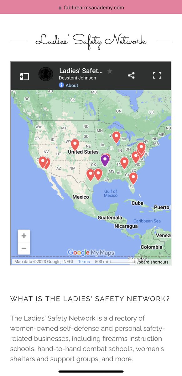 ninadelaflores's tweet photo. PLEASE READ: I am creating a directory of safe spaces for women across the US. The Ladies Safety Network is a list of women’s firearms and self defense instructors, shelters and support groups, and more.

As a female firearms instructor, I have heard over and over from my female clients that they generally feel more comfortable training with other women. Women who share similar experiences, struggles and challenges can offer valuable insight that is specific to the female perspective, as well as foster a sense of community and belonging.

View the directory here: https://t.co/Dx6BMsscIh

To request to have your business added to the directory, click here: https://t.co/bxuGwc1mgO