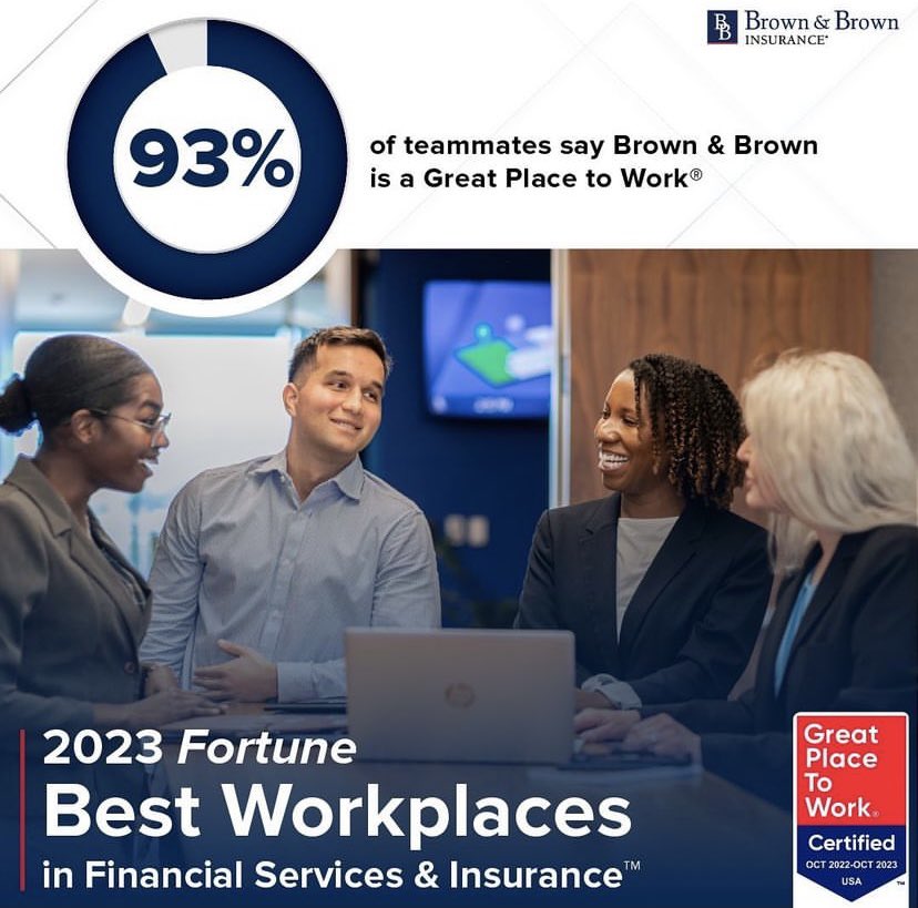 BBInsuranceSC's tweet photo. Brown &amp; Brown, Inc. and our team of companies have been named one of the Best Workplaces in Financial Services &amp; Insurance™ by Great Place to Work® and Fortune. This incredible recognition is a testament to the dedication,collaboration and exceptional talents of our teammates. https://t.co/dAK5njKZ40