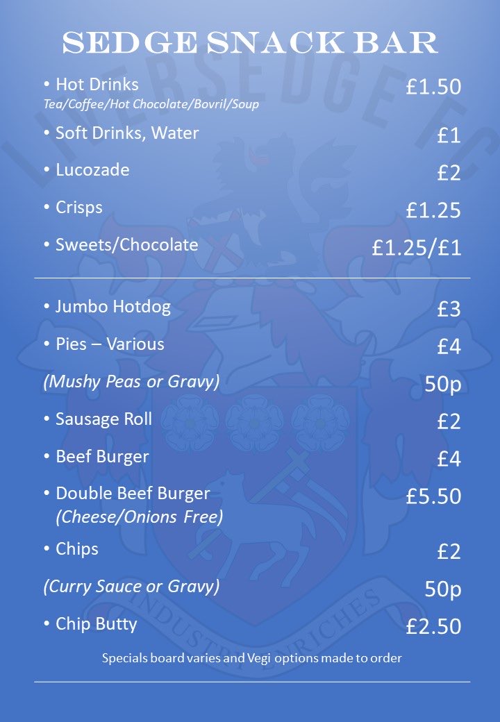 Sedgesnackbar's tweet photo. Action packed full weekend again. Full menu available Saturday 16th for our first team game ⁦⁦⁦@sheffieldfc⁩ https://t.co/K5Nwzfra0a