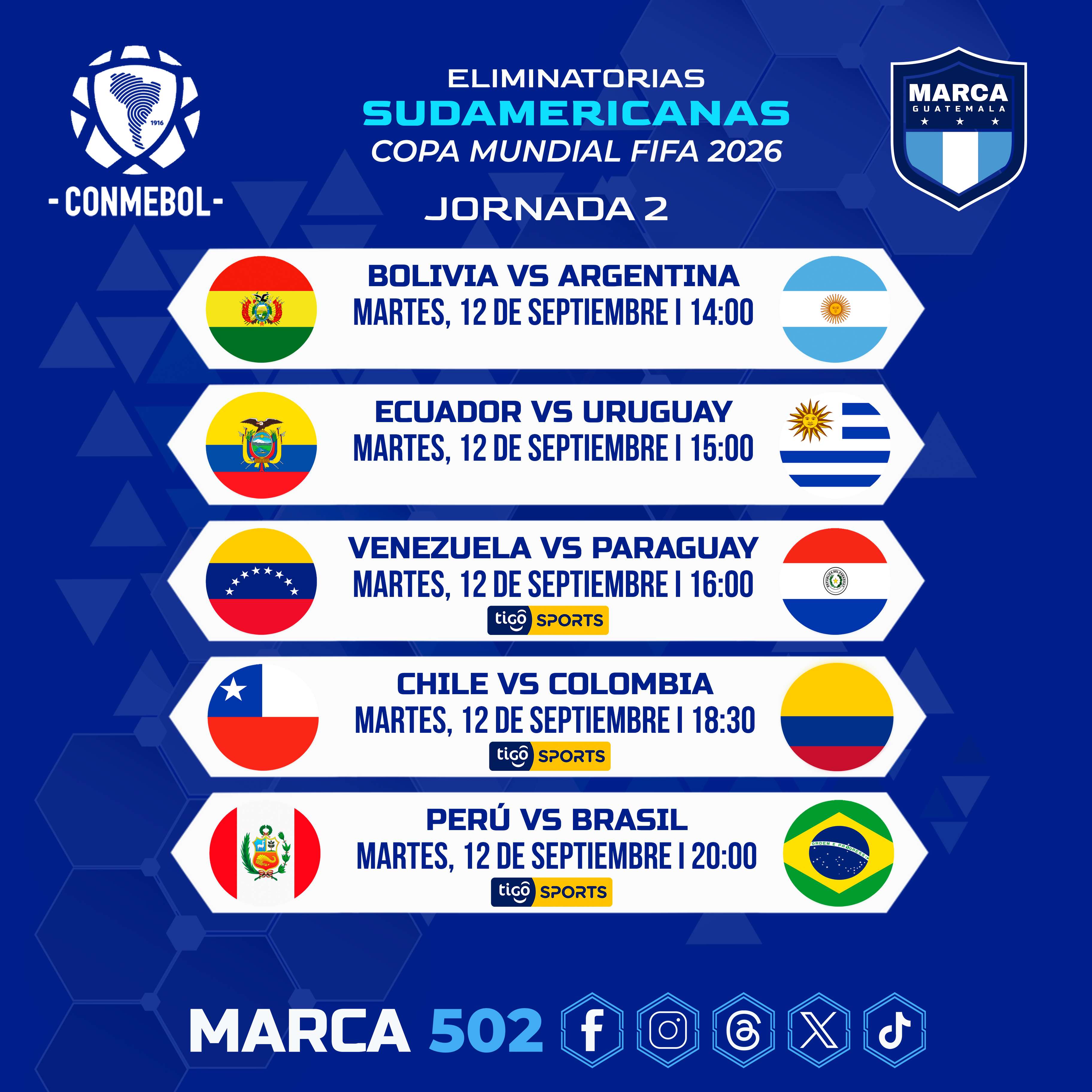 CONMEBOL.com on X: ¡Partidos y horarios de la Fecha 2⃣ de las  #EliminatoriasSudamericanas rumbo a la Copa Mundial de la FIFA 26™! ​🗓️  Jogos e horários da segunda rodada das Eliminatórias rumo