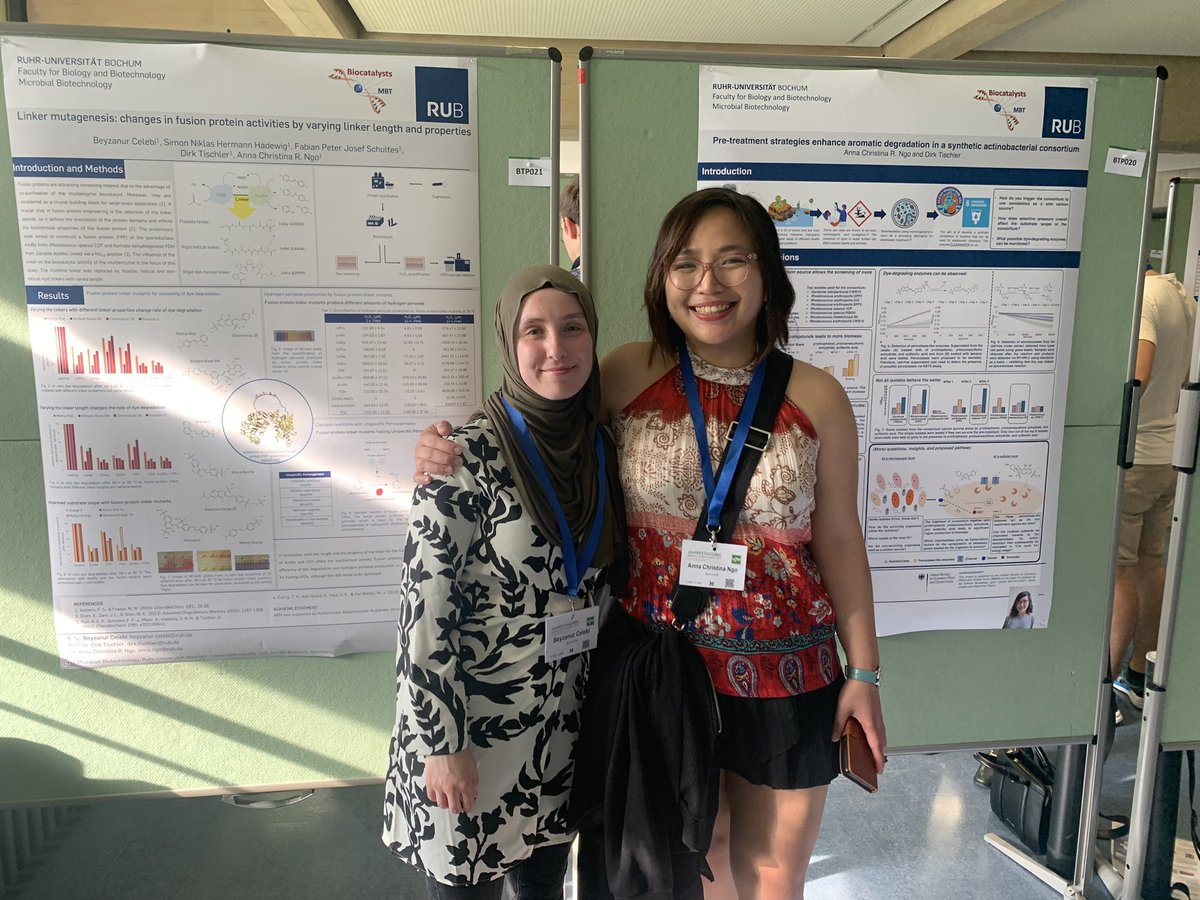 Two posters of our group presented side-by-side on biodegradation of azo dye waste: proud PostDoc Anna Ngo and mentee Beyanur Celebi @VAAM_Microbes annual meeting. Colorful work! @Annarchist08 #vaam2023