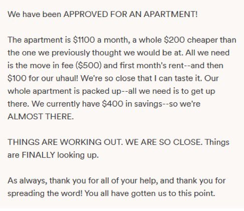 $675/$2100

PLEASE CONSIDER RTING. we are two trans folks who will be homeless without this help.

we have TWO DAYS to get up to IL to our new home and my new job. please consider helping us. even a rt, $1, $5 will push us closer to our goal.

#MutualAid #transcrowdfund