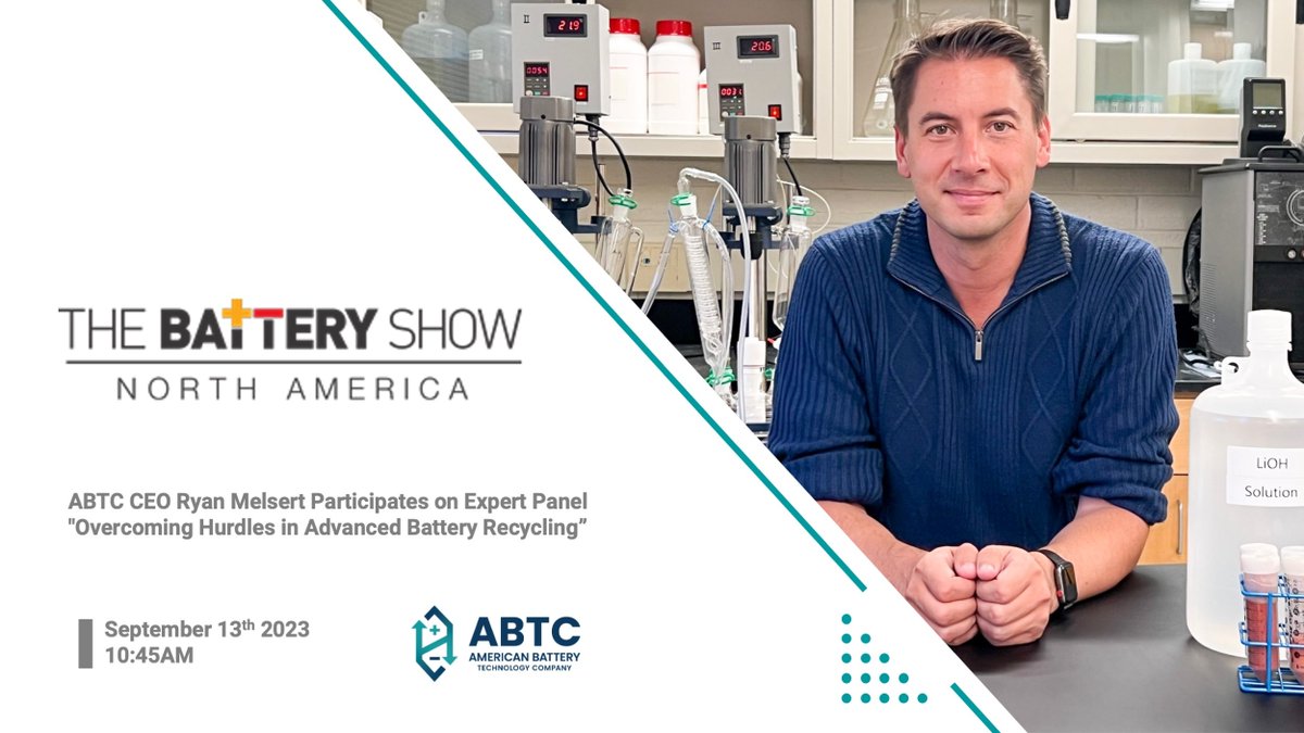 ABTC CEO Ryan Melsert to discuss our first-of-kind sustainable solutions for US critical material supply chains at @thebatteryshow. Joined by ABTC director of business development Ross Polk, we're excited to reconnect with key strategic partners, automakers, and battery feedstock…