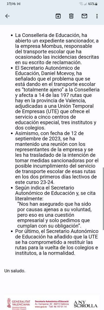 IESAMPASALER's tweet photo. Y esta es su contestación...veremos si es cierto que mañana ya no hay problemas. https://t.co/A2Kg7JMBYM