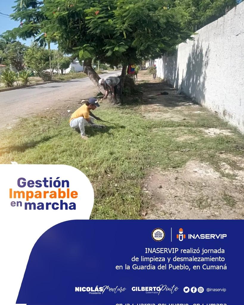 Inaservip's tweet photo. Como parte de las políticas de apoyo interinstitucional, el equipo de INASERVIP realizó jornada de limpieza y desmalezamiento en La Guardia del Pueblo, en Cumaná, bajo orientaciones del gobernador del estado Sucre, Almte. @GPintoVzla.

@NicolasMaduro

#MundoPluripolar https://t.co/iIabnzHA1C