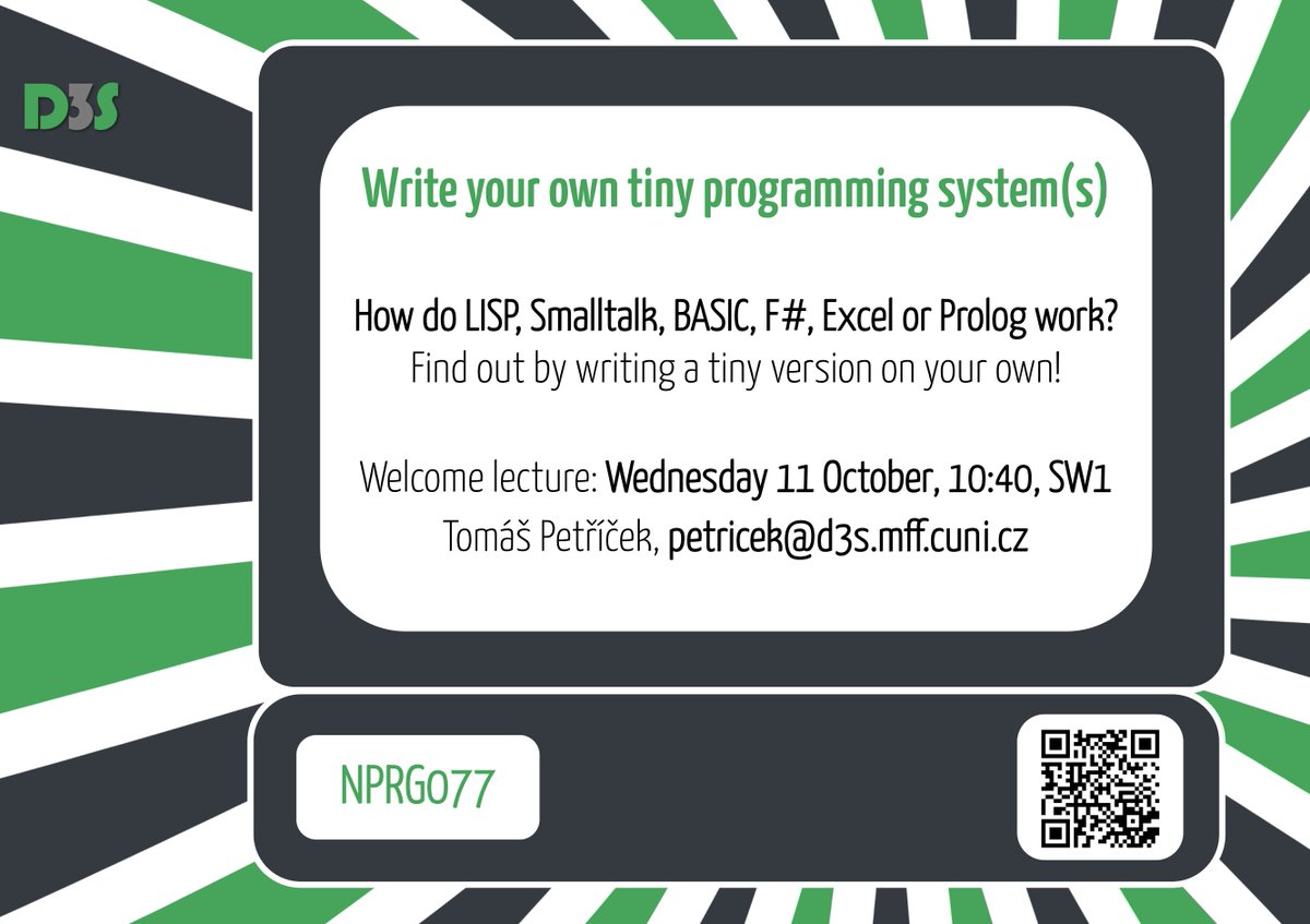 For the new semester at <a href="/matfyz/">Matematicko-fyzikální fakulta Univerzity Karlovy</a>, I'm planning a new course (what a bad idea, but it will be fun!) Focused on writing tiny versions of programming systems and key algorithms in #fsharp. Code samples and recordings will be publicly available.

Check it out: d3s.mff.cuni.cz/teaching/nprg0…