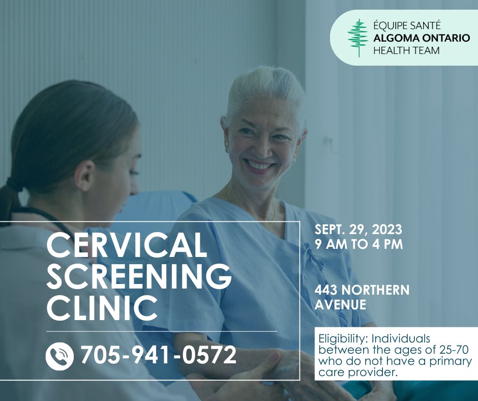 AlgomaOHT's tweet photo. Event Reminder 🔔

The Cervical Screening Clinic at the Algoma Nurse Practitioner-Led Clinic is fast approaching! If you need a pap test and are eligible, book your appointment using the link below.

➡️ Book an appointment at https://t.co/rpKzIgmRaE or call 705-941-0572. https://t.co/mtWSf6Lom8