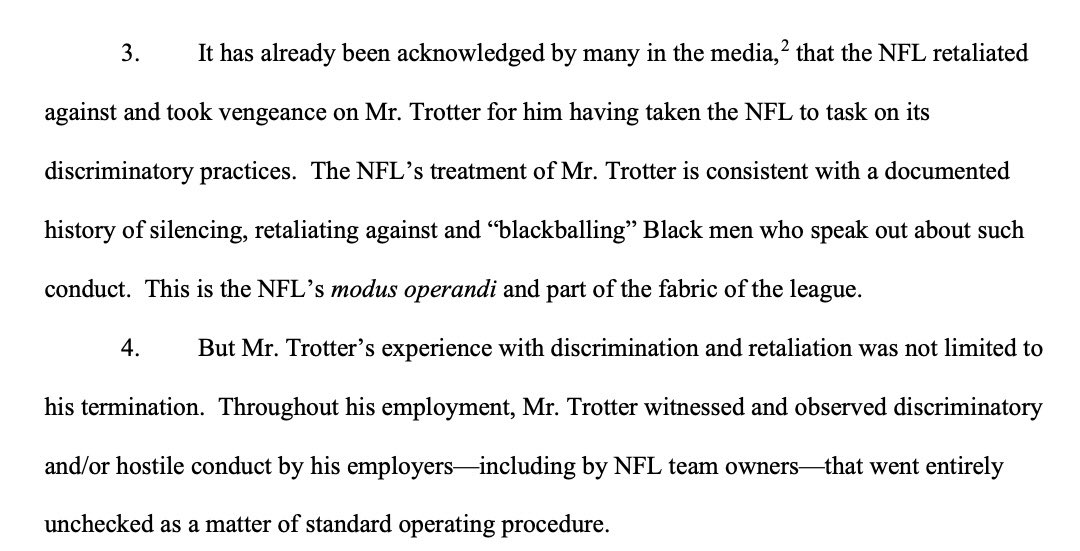 PrograsiveXPlus's tweet photo. From Jim Trotter’s lawsuit:

“Throughout his employment, Mr. Trotter witnessed and observed discriminatory and/or hostile conduct by his employers—including by NFL team owners—that went entirely unchecked as a matter of standard operating procedure.” https://t.co/NZOlzLMcOd