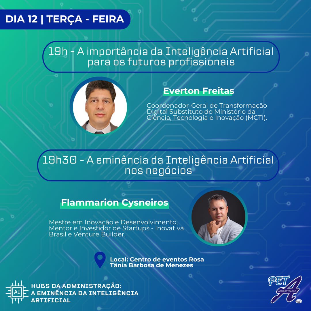 ---

🚀🧠 A Inteligência Artificial está moldando o futuro e estamos prestes a mergulhar fundo nesse universo fascinante! 🌐💡

Estou entusiasmado em compartilhar um evento que não podemos perder! A Semana do Administrador da UFCG está de volta: Artificial e negócios,  #Futuro