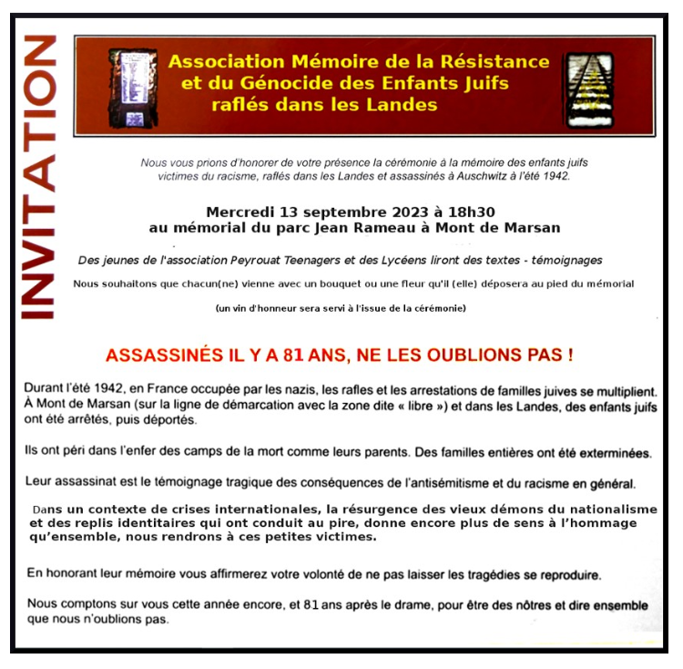 media_40's tweet photo. #EVENEMENT /  La 18ème #Cérémonie à la #Mémoire des #Enfants #Juifs raflés dans les #Landes se déroule demain à 18h30 au Parc Jean Rameau à #MontdeMarsan. Comme l'an dernier, la chaîne #YouTube #Média40 diffusera la Cérémonie  #EnDirect: lien https://t.co/eWst7zUamL https://t.co/lnxxcJfmaL