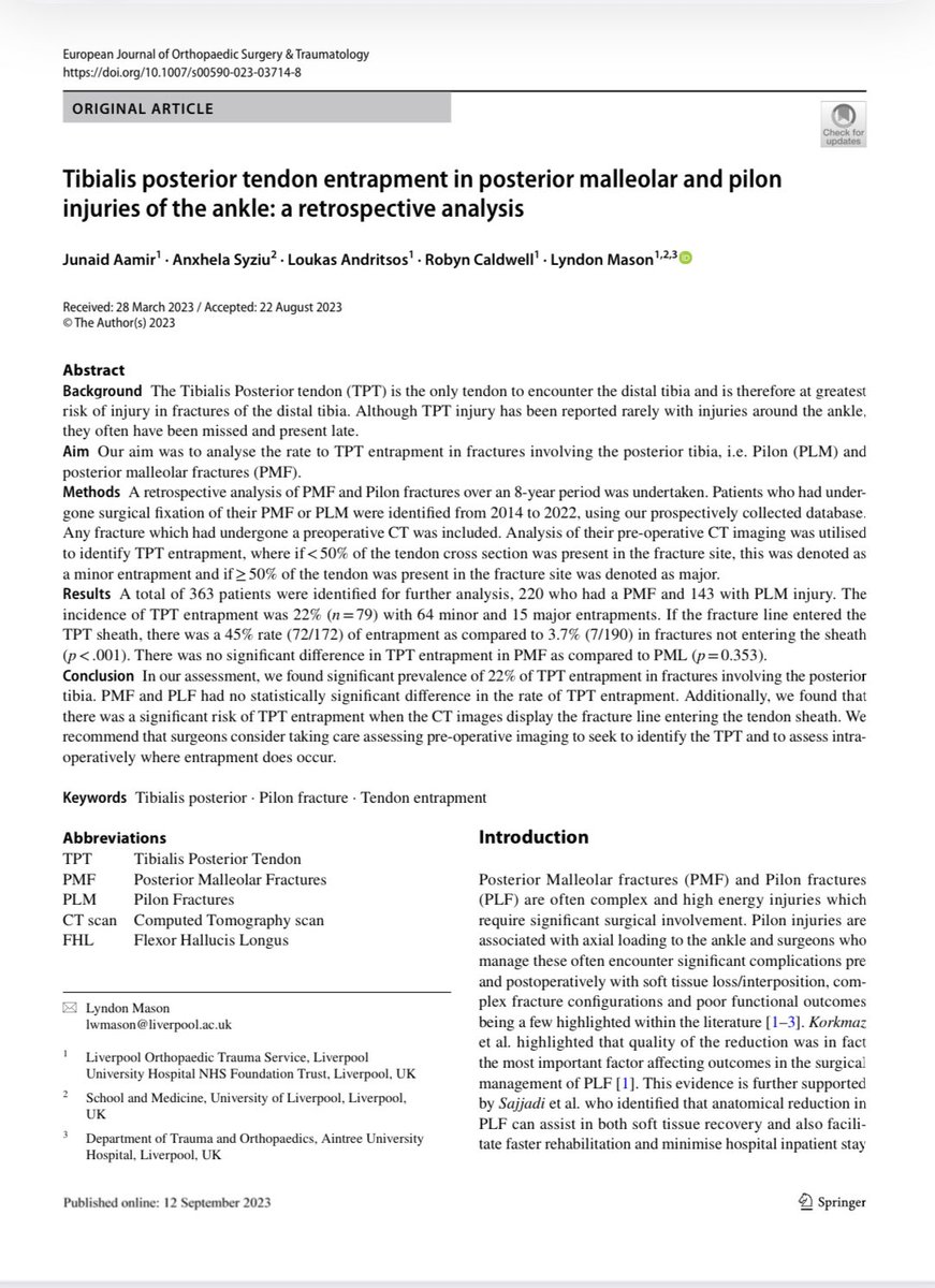 Liverpool Orthopaedic and Trauma Service (@liverpool_ortho) on Twitter photo Another great article from <a href="/JunaidAamir01/">Junaid Aamir</a> on Tibialis posterior entrapment in PM and Pilon fractures. The work has also been shortlisted for the IFFAS award next week in <a href="/AOFAS/">AOFAS</a> @bobby_caldwell
<a href="/AngelaSyziu/">Anxhela Syziu</a> <a href="/LukasAndritsos/">Lukas Andritsos</a> <a href="/Drlyndonmason/">Lyndon Mason</a> link.springer.com/article/10.100… Another great article from <a href="/JunaidAamir01/">Junaid Aamir</a> on Tibialis posterior entrapment in PM and Pilon fractures. The work has also been shortlisted for the IFFAS award next week in <a href="/AOFAS/">AOFAS</a> @bobby_caldwell
<a href="/AngelaSyziu/">Anxhela Syziu</a> <a href="/LukasAndritsos/">Lukas Andritsos</a> <a href="/Drlyndonmason/">Lyndon Mason</a> link.springer.com/article/10.100…