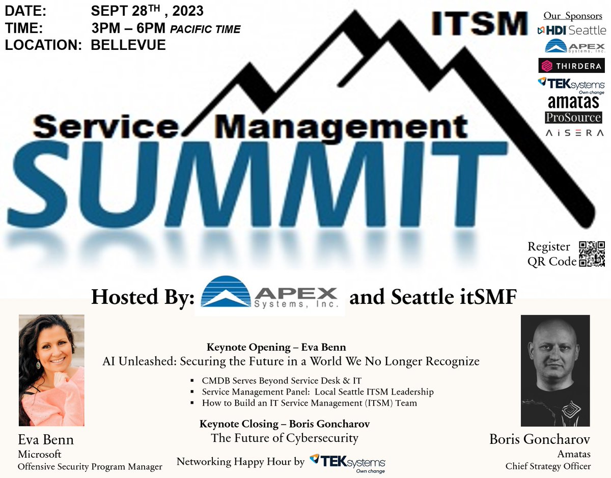 Plan to join us for the ITSM Service Managment Summit 
Contact Tony North for information TONYNORTH42@GMAIL.COM
(206) 504-3186
#CyberSecurity #servicemanagement