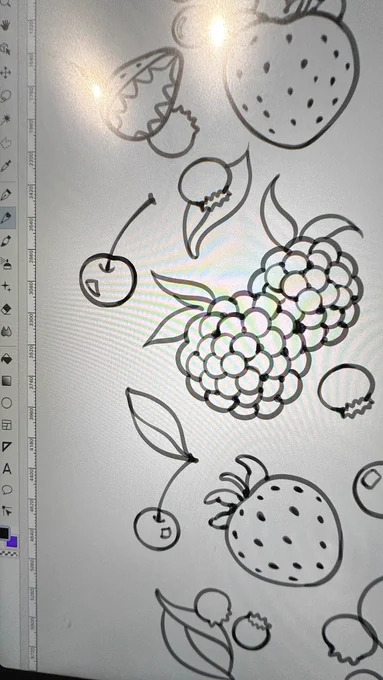 working on berries themed design! and after I finished the lineart I checked and found out cherries are not berries but I'm keeping them bcs they're cute 😤 