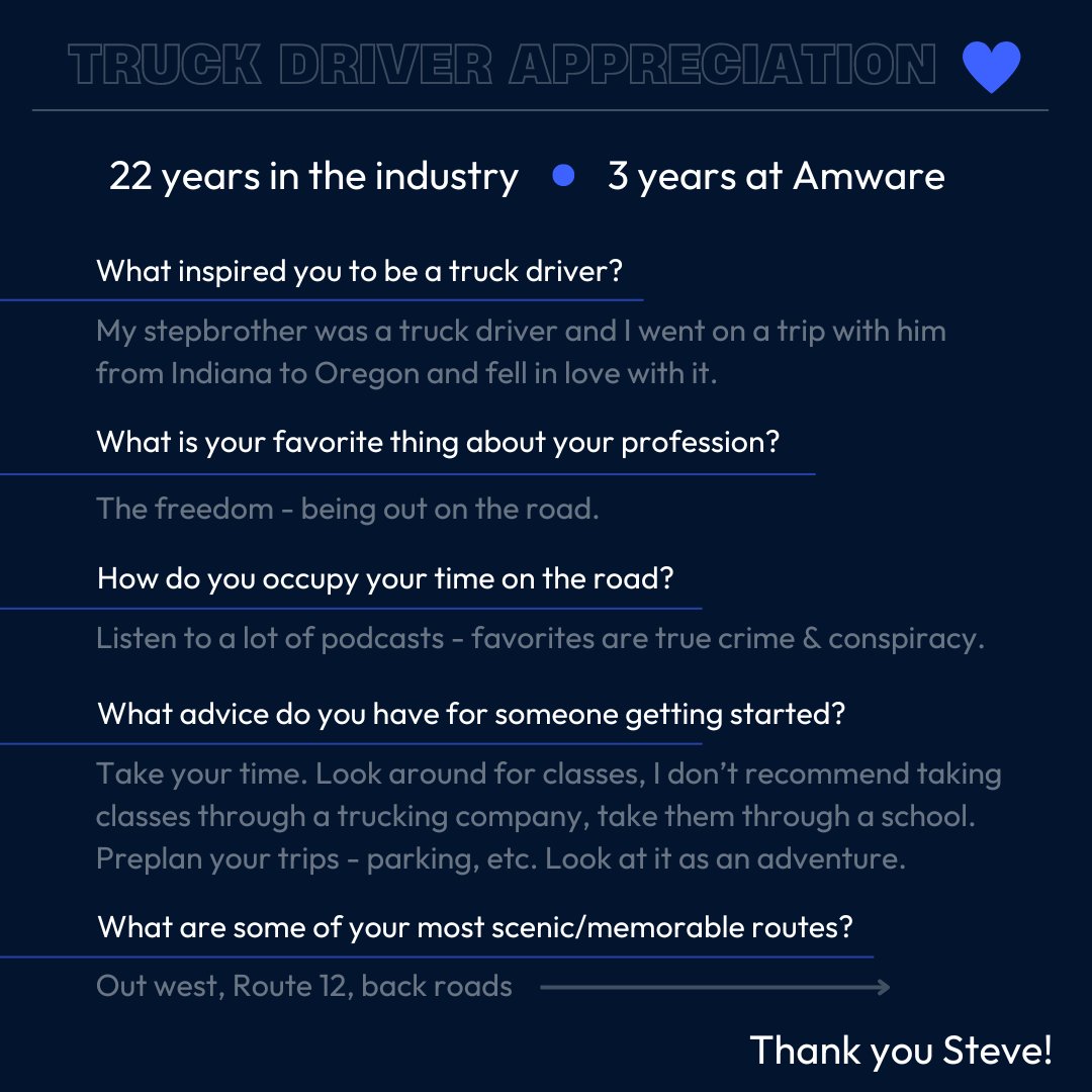 AmwareCompanies's tweet photo. Meet Steve!

Swipe to read about his experience as a truck driver and to see some of Steve's awesome pictures shot on the road!🗻

#truckdriverappreciationweek https://t.co/RLIMeY5PAG