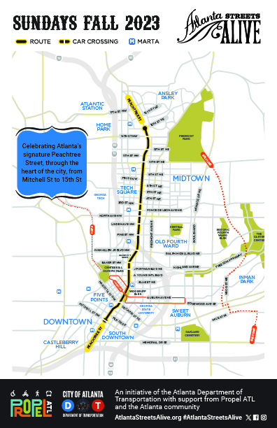 Atlanta Streets Alive returns to Peachtree Street! 
👟♿🚲🛴🎺🫂
Sundays 1 PM - 5 PM 
September 24 | October 22 | November 12*
From Mitchell St SW In Downtown Atlanta to 15th St NE in Midtown 
Volunteer, organize an activity, spread the word, or show up! atlantastreetsalive.org