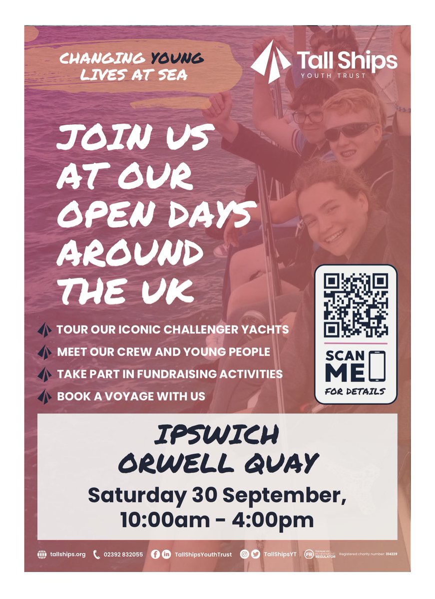 DATE FOR THE DIARY 📔 

Tall Ships Youth Trust Open Day on Saturday 30th Sept.  

One of the Trust’s Challenger yachts will be alongside.