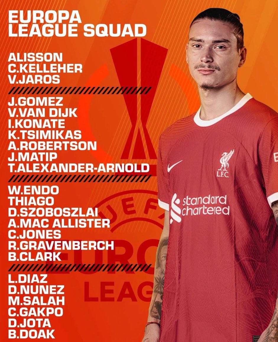AnythingLFC_'s tweet image. 🚨🆕🚨

Confirmed Europa League squad!

Adrian ❎ 
Doak ✅ 
Clark ✅
