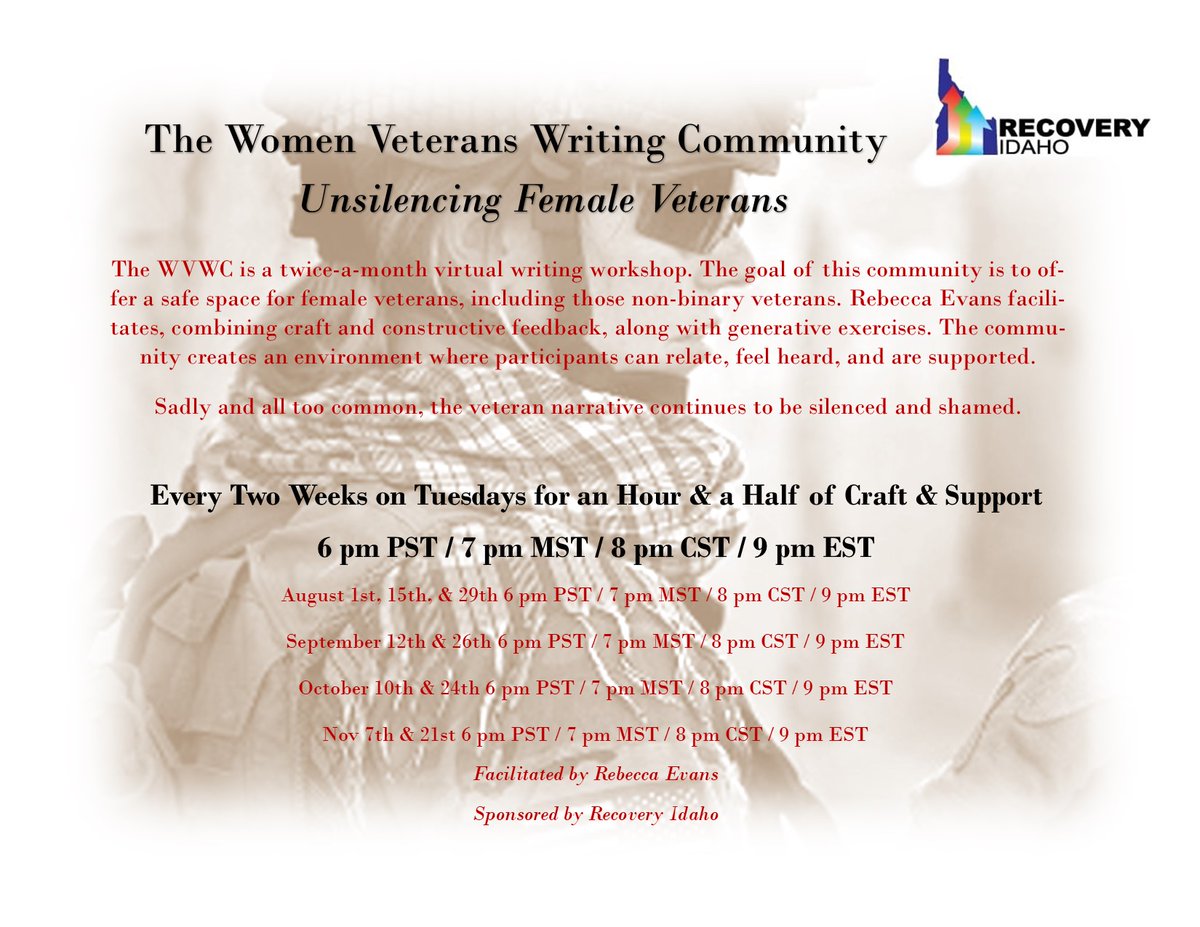 Tonight! Sept 12th at 6 pm PST / 7 pm MST / 9 pm EST

I teach a free virtual writing workshop for women veterans.

For link, contact: norma@recoveryidaho.org

Hope to see you there!

#writingcommunity #poetrycommunity #womenveterans #womenveteransrock