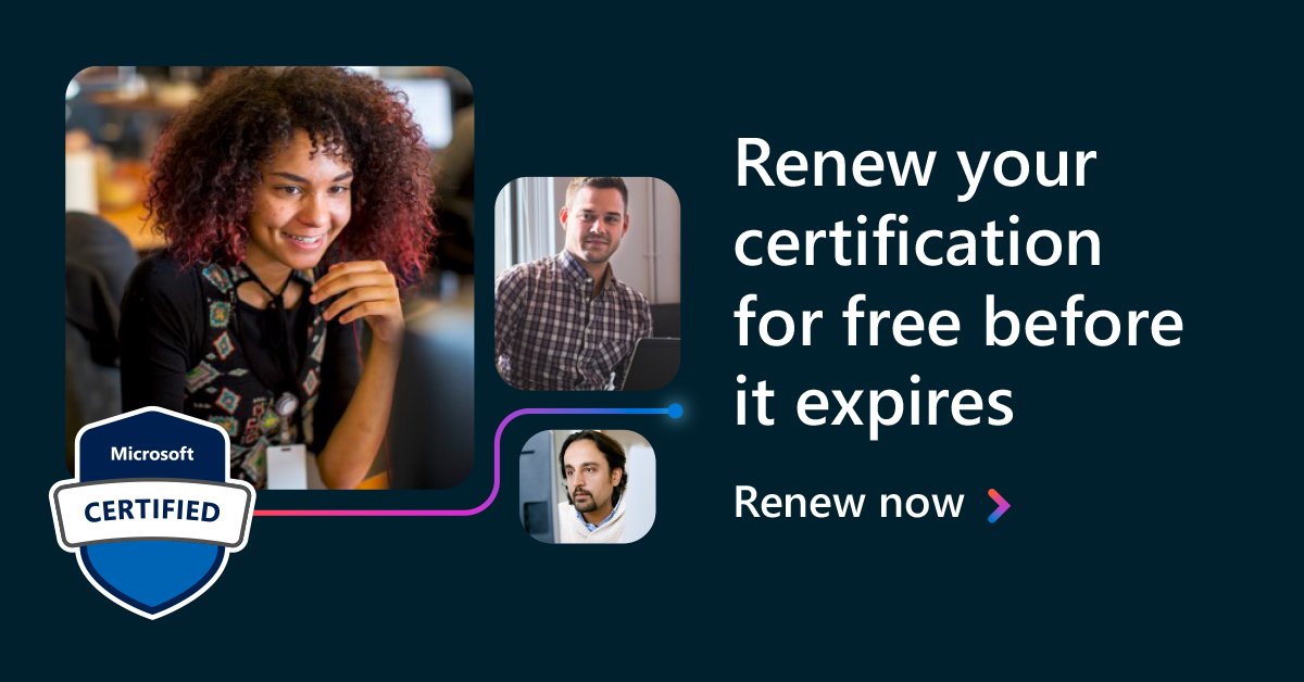 Keep your skills on track with #MicrosoftCertification renewal. 💫 

The process is simple and free with self-paced, open book, and unproctored renewal assessments focused on the latest technology updates. 📖 

Get started on Microsoft Learn: msft.it/60169b0pw