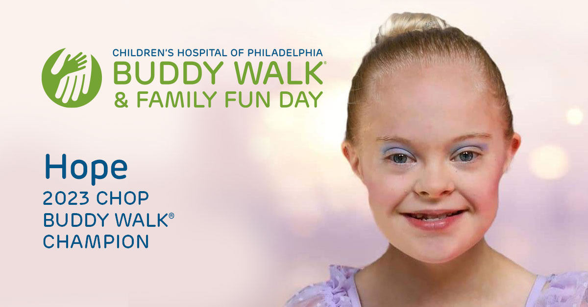 Meet #CHOPBuddyWalk Champion – Hope! When she was 3, she comes to our Trisomy 21 Program for support, guidance & continued health monitoring. Join us 10/8 for the Buddy Walk & Family Fun Day to support kids like Hope: ms.spr.ly/60149Jk8w. #ForBreakthroughs