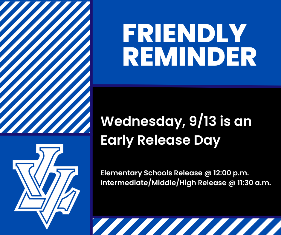 REMINDER: Tomorrow is an Early Release day for all students! AM Pre-K and Kindergarten will be released at noon.

There is NO PM Pre-K tomorrow