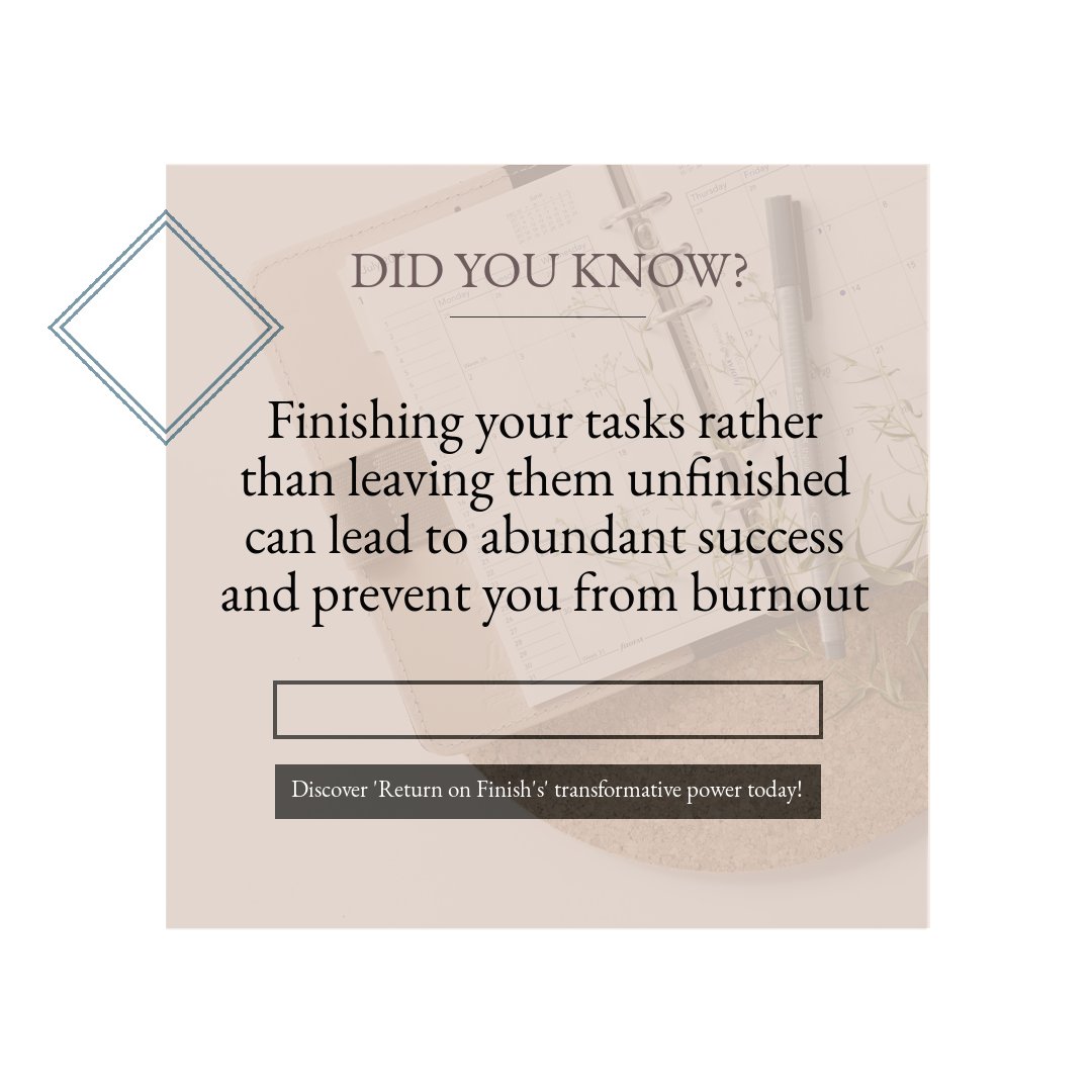 Unlock the secret to success and prevent burnout with 'Return on Finish!' Discover the transformative power of completing your tasks and watch your productivity soar. Don't wait, start your journey today! #Success #ProductivityBoost