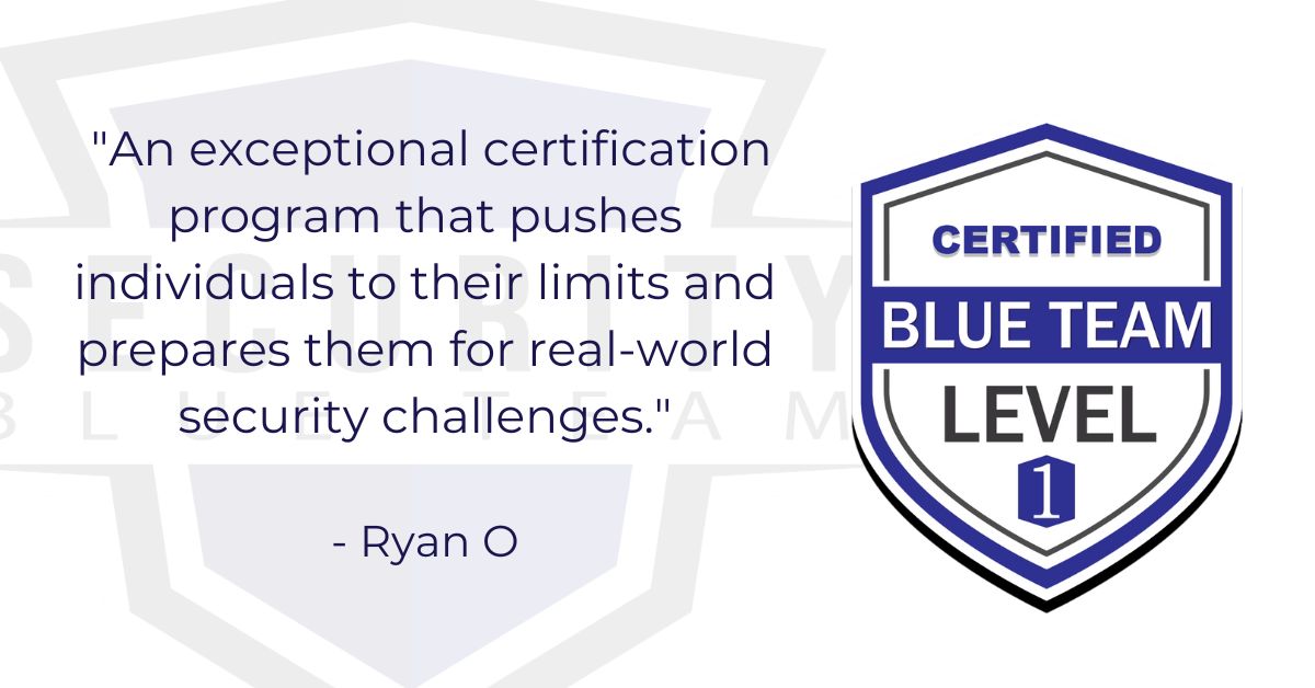 Will you join Ryan and become one of the thousands of students who's sharpened their skills and leveled up their career with the BTL1 certification?

Find out more: bit.ly/3QBeg39

#BlueTeam #Cybersecurity #Training #TestimonialTuesday