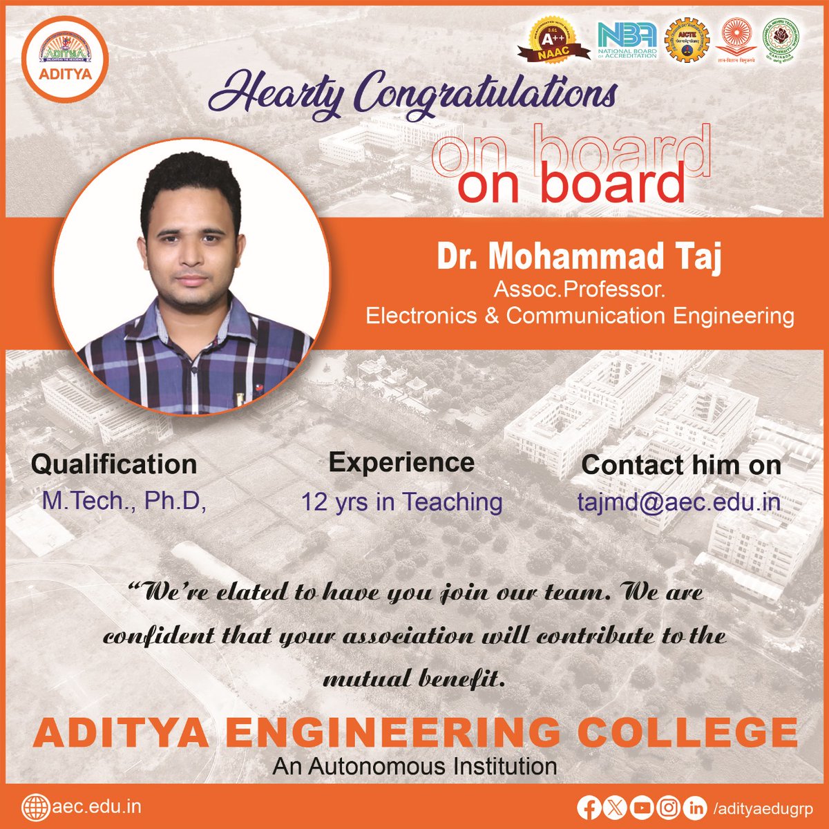AdityaEduGroup's tweet photo. Aditya extends a warm welcome to Dr. Mohammad Taj ! We're thrilled to have you as part of our committed group of Teachers. Your knowledge and enthusiasm will surely enhance the learning experience of our students.
#newfaculty #teachingexcellence #nallamillisatishreddy https://t.co/zhweMQxUFF