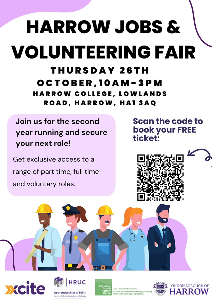 London Borough of Harrow’s Xcite team in partnership with Voluntary Action Harrow and HRUC is proud to present the Harrow Jobs and Volunteering Fair.

Book your free ticket: eventbrite.com/e/harrow-jobs-…
