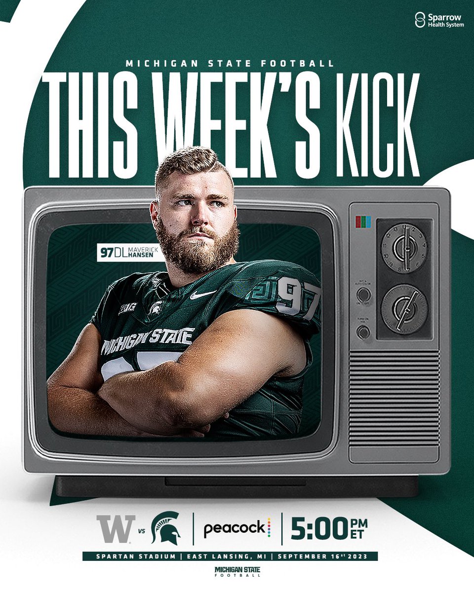 This Week’s Kick: @msu_football vs. No. 8 Washington. ⏰ | 5pm 📍 | Spartan Stadium 📺 | @peacock 📻 | Spartan Media Network #GoGreen