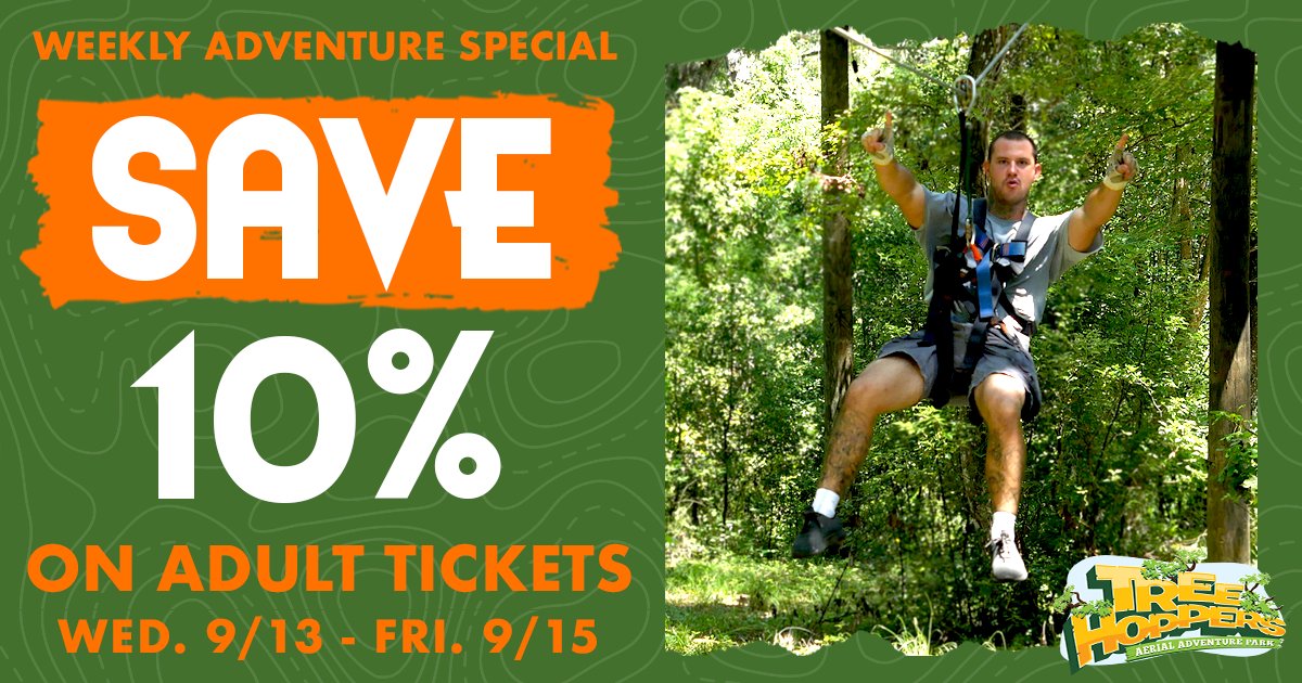 TreeHoppers's tweet image. This Wednesday (09/13)- Friday (09/15), save 10% when you purchase your adult admission online ⭐

Get the catchphrase code online at: hbit.ly/3L2TYw9

#TreeHoppers #Special #TampaFL #DadeCityFL #Orlando #Summer #Adventure