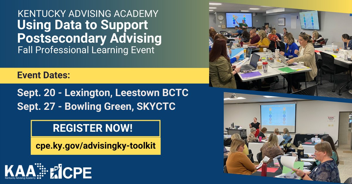 Registration is still open for the Kentucky Advising Academy's fall professional learning event! Join educators from your region as we explore how postsecondary advising systems impact student success and  transitions. #welladvised <a href="/CPENews/">Kentucky Council on Postsecondary Education</a> <a href="/kycontinuum/">kycontinuum</a> 
ow.ly/oXCB50PKI9P
