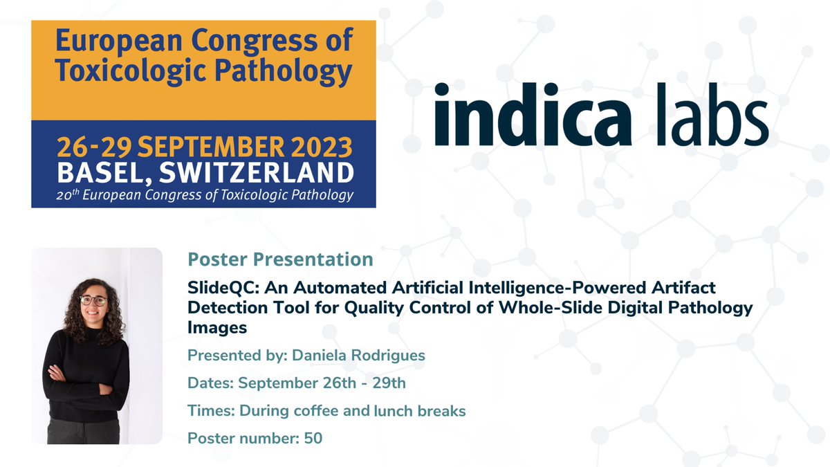 Indica_Labs's tweet photo. Will you be attending the European Congress of #ToxPath? If so, we hope you'll take time during a break to see how you could save time during WSI quality control with Slide QC, our AI-powered automated QC tool. Stop by the poster to learn more!
#digitalpathology #pathtwitter https://t.co/br2aa4DSwK