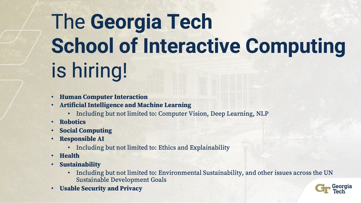 Mark Riedl (@mark_riedl) on Twitter photo Hi 👋 The <a href="/GeorgiaTech/">Georgia Tech</a> School of Interactive Computing is continuing to grow! 
Last year we hired 6 new faculty. This year we will hire more great faculty.
Come join me in the coolest computing department in the world. 
Stay tuned for official details: ic.gatech.edu Hi 👋 The <a href="/GeorgiaTech/">Georgia Tech</a> School of Interactive Computing is continuing to grow! 
Last year we hired 6 new faculty. This year we will hire more great faculty.
Come join me in the coolest computing department in the world. 
Stay tuned for official details: ic.gatech.edu