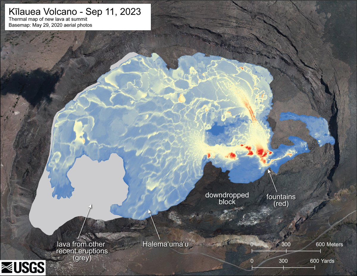 USGSVolcanoes's tweet photo. New thermal map of #Kilauea's summit shows area of active lava fountaining east of Halema‘uma‘u crater (lower right) with lava pouring west onto crater floor. Colors range from blue to red, with blue representing cooler temps &amp; red being hotter. Livestream https://t.co/83nPG1xTar https://t.co/H63l82QP79