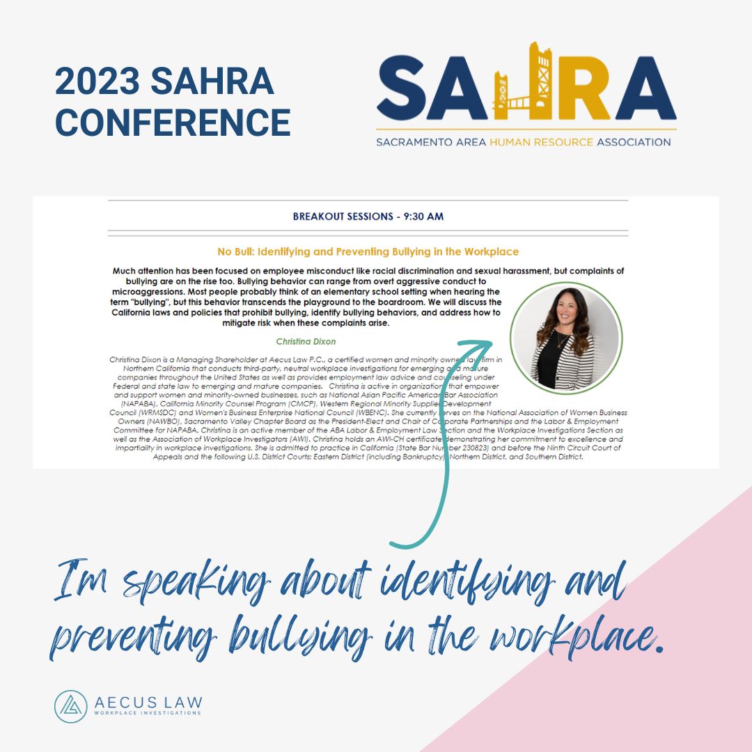 📢 I'm thrilled to be a part of this week's 2023 SAHRA Annual Conference. Tomorrow morning I'm leading a session called 'No Bull: Identifying and Preventing Bullying in the Workplace.' 

#SAHRA2023 #SAHRAAnnualConference #SacramentoNetworking #InnovationInHR #BullyingPrevention