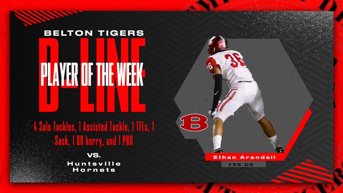 Congratulations to Ethan Arendall on being named Defensive Lineman of the Week against Huntsville. The Senior caused havoc all night for the Hornet offense! Ethan recorded 5 total tackles, 1 TFL, 1 Sack, 1 QB hurry, and 1 pass break up! #BTR
