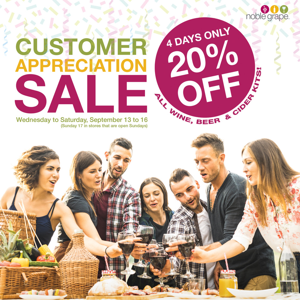 SALE ON NOW! 4 DAYS ONLY!
20% OFF ALL Wine, Beer, &amp; Cider kits. 

Liquor store prices have officially gone crazy! Make wine at home or ON-SITE at Noble Grape today! 

SALE ENDS Sat Sept 16 (Sunday Sept 17 in Coldbrook, Bayers Lake, Cole Harbour, and online)