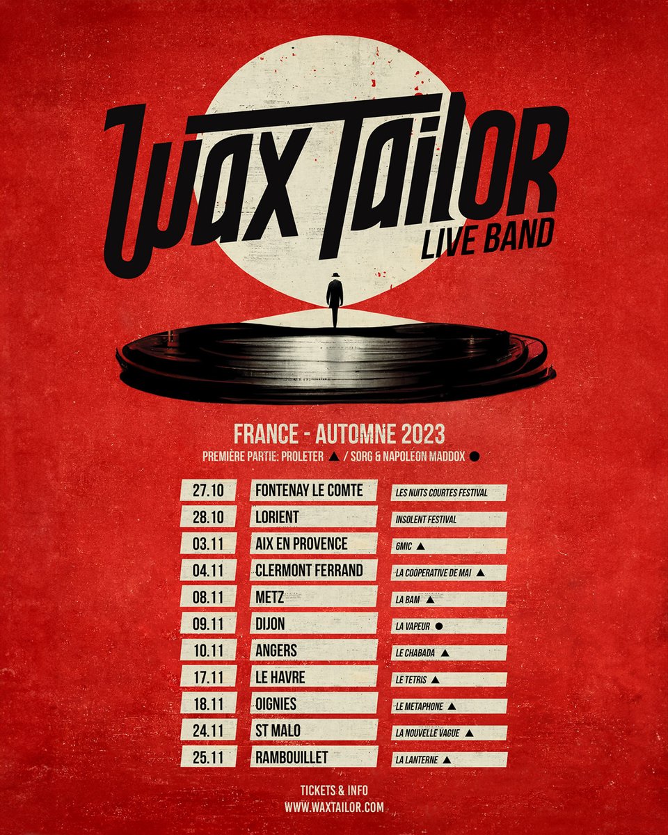 Dernières Dates Live 🇫🇷
Billets: tix.to/WaxTailor
Les meilleures choses ont une fin, dernier round en live band !
Première partie <a href="/ProleteRbeats/">ProleteR</a>  sauf à Dijon: Sorg &amp; Napoleon Maddox
Hâte de vous retrouver✌️
