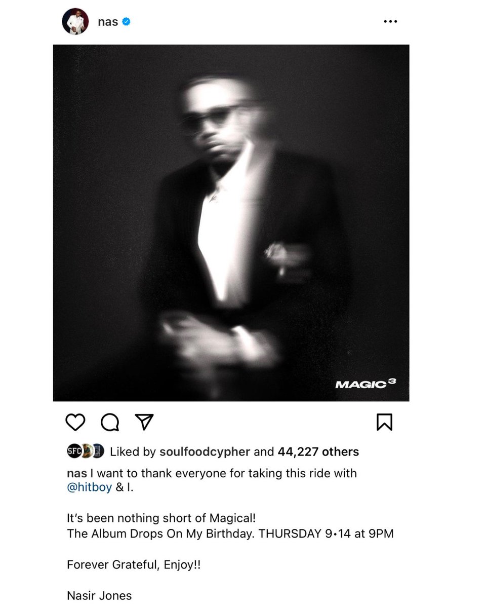 A2HHTheGame's tweet photo. Nas announces that he is releasing his album Magic 3 this Thursday on his birthday. https://t.co/5yVOVii6CN