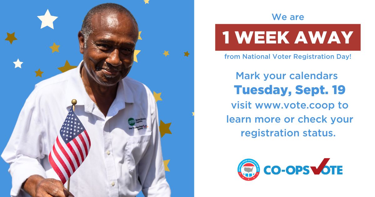 CoopsVote's tweet image. 📆 Can you believe it!? We’re one week away from @NatlVoterRegDay! 

Join us as we celebrate the largest civic holiday of the year. Make sure to follow our page for updates! #CoopsVote #VoteReady