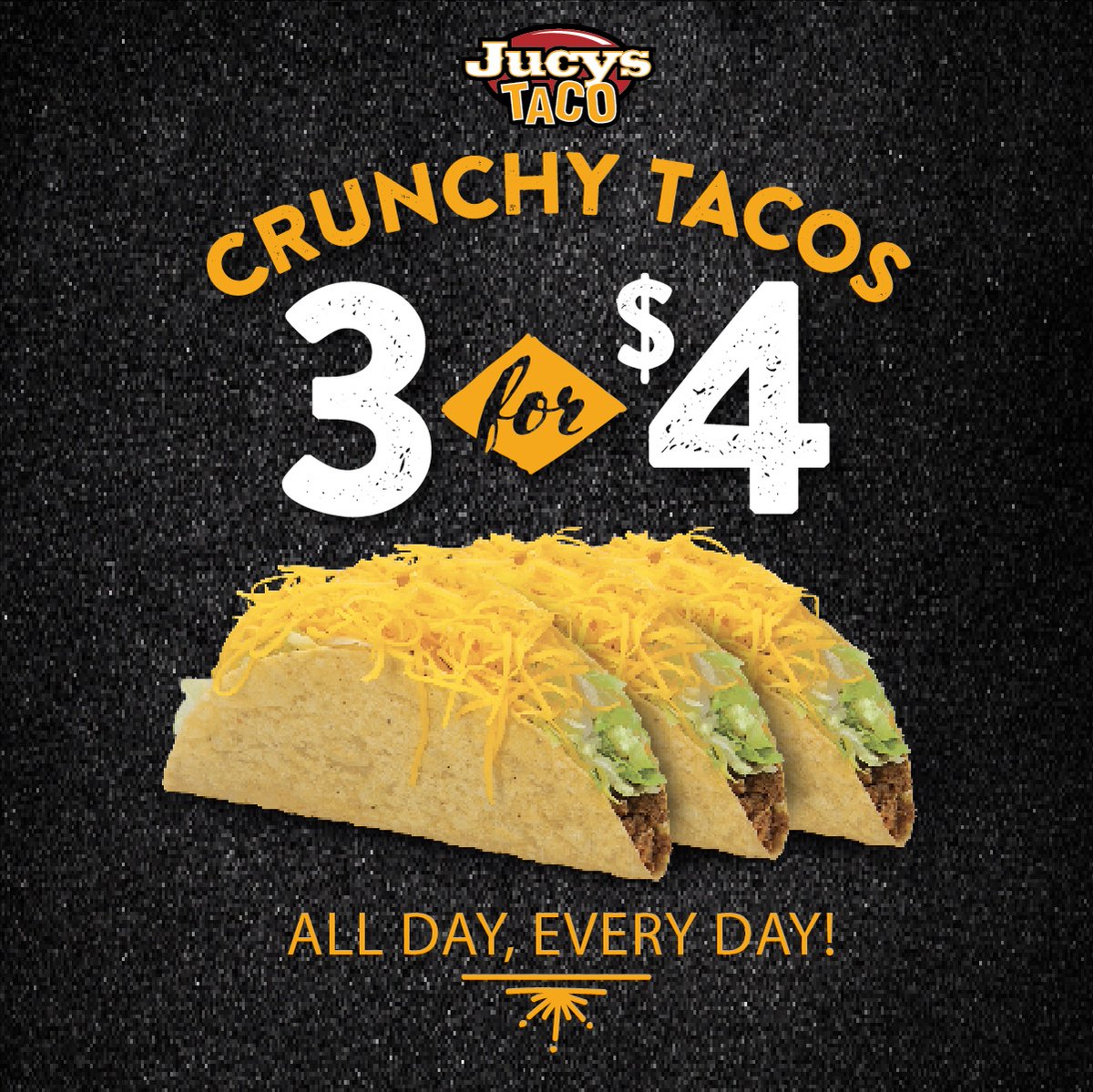 JucysTaco's tweet image. #TacoTuesday on repeat? Yes, please! Dive into #JucysTaco 3 for $4 Crunchy Tacos deal and turn any day into a fiesta of flavor. 🌮🎉 #TacoEveryday #FiestaFlavors