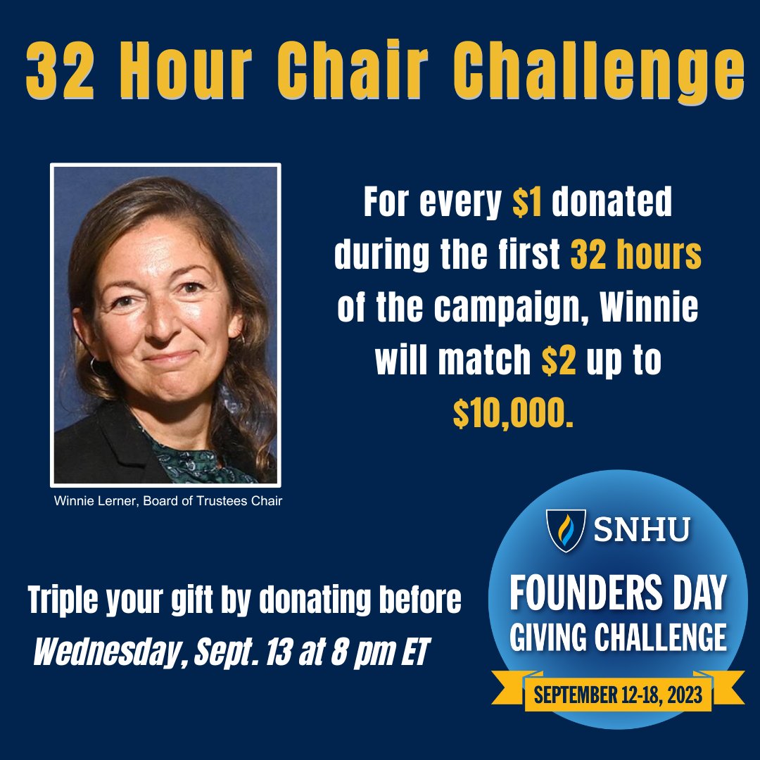 In honor of SNHU’s founding in 1932, for every $1 donated during the first 32 hours of the Founders Day Giving Challenge, Board of Trustees Chair Winnie Lerner will match $2 up to $10,000. Triple your donation by making a gift now to support SNHU students: givecampus.com/0xu2h5