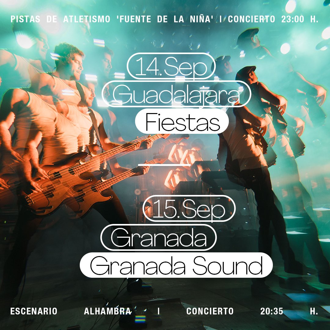 estoesLaMODA's tweet photo. Los conciertos de esta semana 🫶🏻✨

• 14/09 Guadalajara | Pistas de Atletismo ‘Fuente de la niña’ - 23:00 h. 

• 15/09 Granada | @GranadaSound - 20:35 h. 

Muchaaas ganaaaas!!

📸 @rodrigomenaruiz https://t.co/vuBPEn79Jq