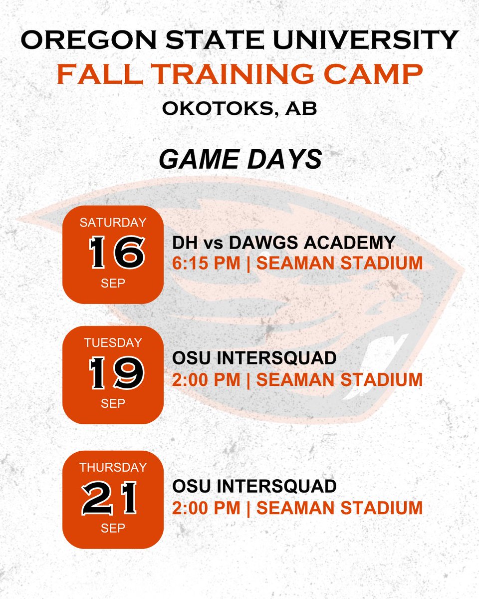 The Dawgs are thrilled to release the Oregon State University Fall Training Camp schedule, where the Beavers will be training at Seaman Stadium as they prepare for the 2024 season. Full story at the link below ⬇️ ow.ly/4Sot50PKIlA