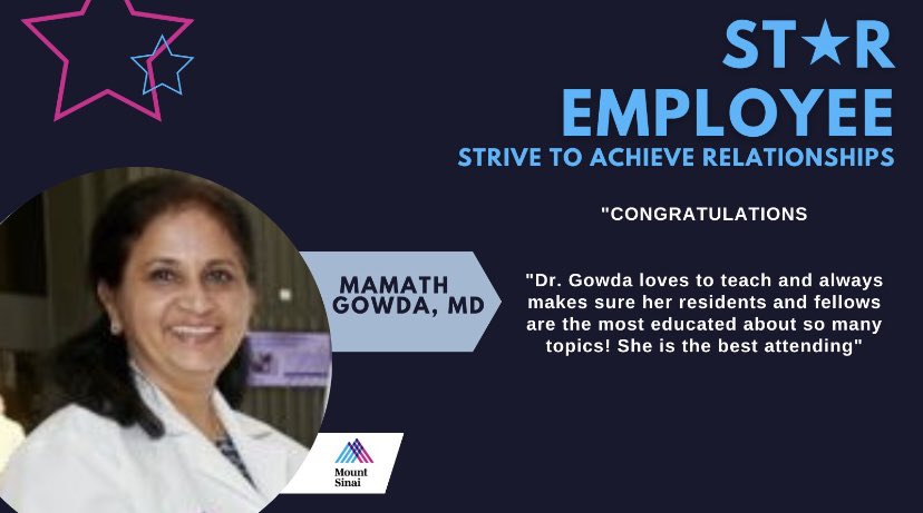 Congratulations to Dr. Mamath Gowda for receiving recognition through the Star nomination for her dedication to upholding the values and service behaviors of the @MountSinaiNYC @MountSinaiDMIR @RofskyMD #staremployee @MountSinaiChest