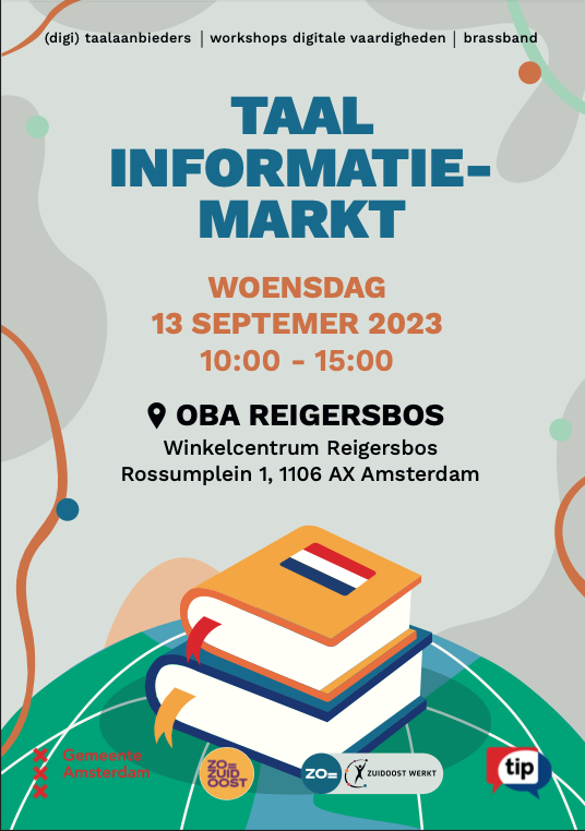 VenzoSwazoom's tweet photo. Kom je morgen ook naar de Taalinformatiemarkt in de OBA Reigersbos? Je kan er kennis maken met verschillende taalaanbieders, er zijn workshops, een loterij en muziek. Wij staan er ook! Bekijk de flyer voor meer informatie. https://t.co/mx6wVZUSC6