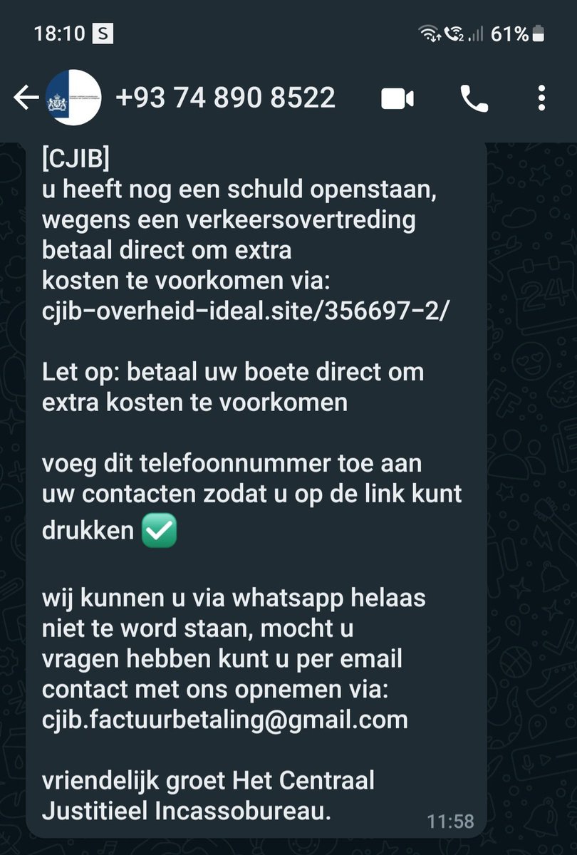 LVDV63's tweet photo. @CJIBnl dit bericht ontving ik via WhatsApp. Gelijk geblokkeerd https://t.co/NVa8PAxDRX
