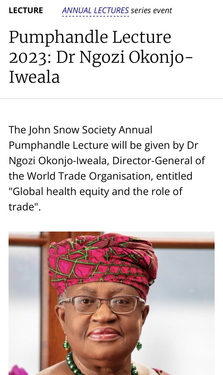 Exciting news that the ever inspiring Director General <a href="/wto/">WTO</a>, <a href="/NOIweala/">Ngozi Okonjo-Iweala</a>, will give this year’s John Snow Society Annual Pumphandle Lecture entitled "Global health equity and the role of trade".

Not one to miss!

lshtm.ac.uk/newsevents/eve…