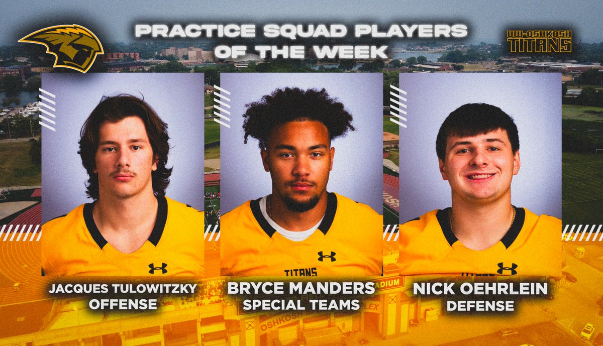 Big shoutout to our 𝐏𝐫𝐚𝐜𝐭𝐢𝐜𝐞 𝐒𝐪𝐮𝐚𝐝 𝐏𝐥𝐚𝐲𝐞𝐫𝐬 𝐨𝐟 𝐭𝐡𝐞 𝐖𝐞𝐞𝐤!

Offense: Jacques Tulowitzky
Defense: Nick Oehrlein
Special Teams: Bryce Manders

#TitanUp | 𝟭𝟮